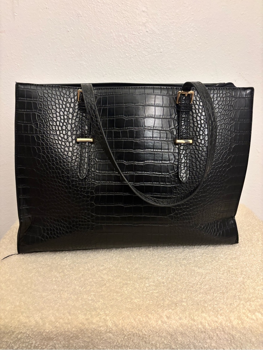 Croc-Embossed Black Tote with Gold Accents